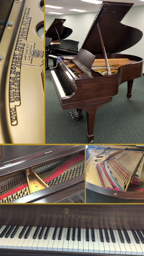 Composite of Steinway & Sons Model O 1917 mahogany grand piano showing five views: plate detail with The Steinway Foundry, front three-quarter view with open lid, interior harp and strings, keyboard, and front gallery view
