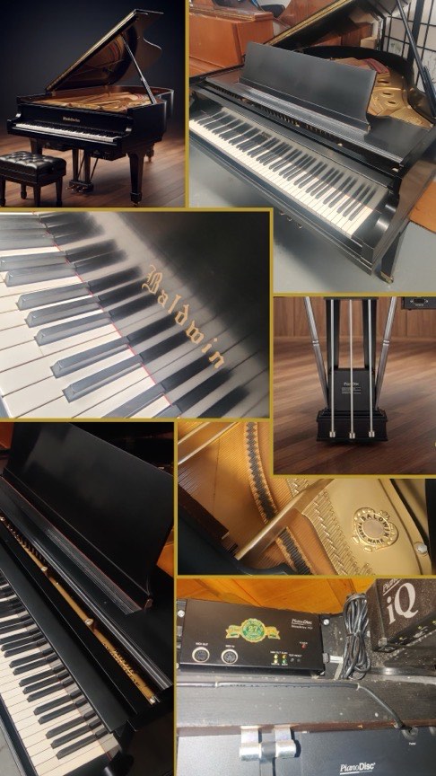 Composite of Baldwin Model M 1940 ebony grand with PianoDisc system, showing multiple views including keyboard with ivory keys and interior